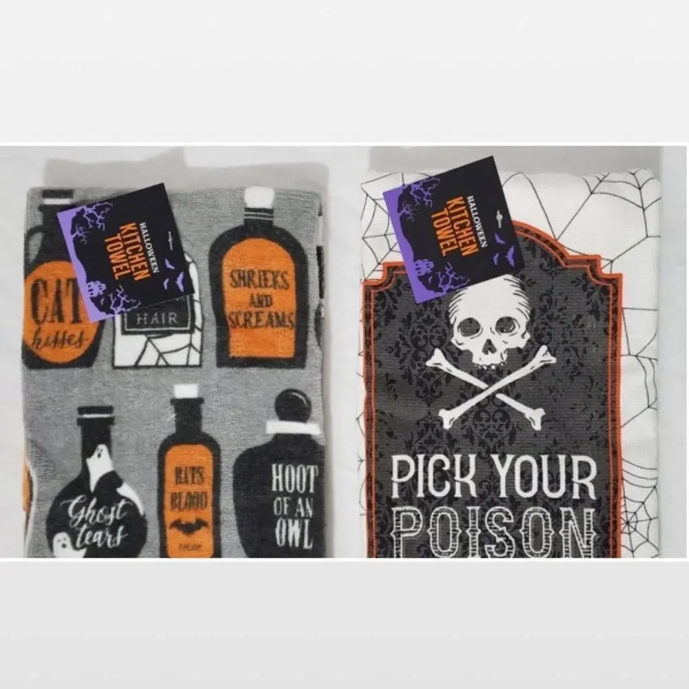 2 New Haunted House Kitchen Towels Halloween Gray & White Poison Potions Set NWT
